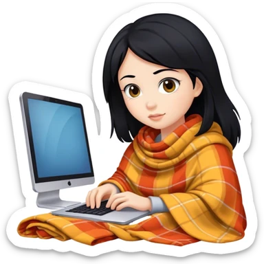 Girl with black hair in a blanket working over a computer sticker