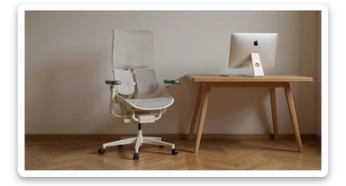Editorial shot, Make this chair next to desk with mac setup, wooden modern floor, minimalistic room, contrast chair to wall, chair standing front to camera, soft bright light in room sticker