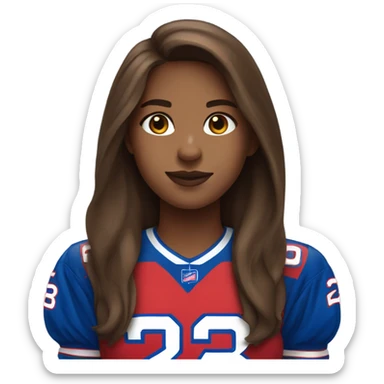 Girl with long brown hair wearing buffalo bills jersey sticker