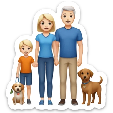 a mom and dad standing in front of a house with their son and a dog next to them (1 dog) and 1 SON not daughter sticker