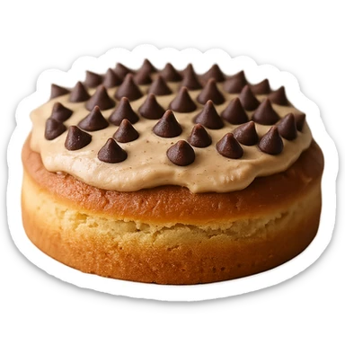 Remove the background, keep only the realistic round cake with peanut butter frosting and chocolate chips, photorealistic style, transparent background. sticker