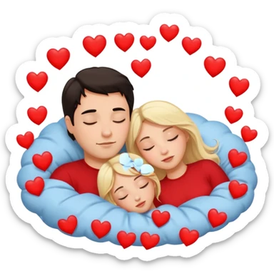 Sleeping romance couple. man has dark hair. woman is blonde. hearts surrounding them. no third person. sticker