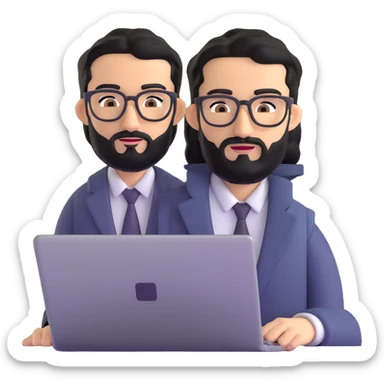 professional middle eastern businessman with well-groomed medium length black beard, neat black hair, connected eyebrows, elongated nose, tan skin, brown eyes, modern glasses, wearing perfectly pressed business casual outfit, efficiently working on a laptop sticker