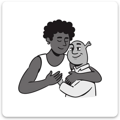 a black muscular man hugging Shrek, hand drawn doodle style sticker