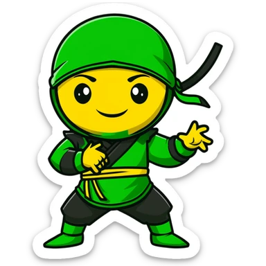 A confident ninja in yellow, green and black merged colors, smiling and saying "HI" sticker
