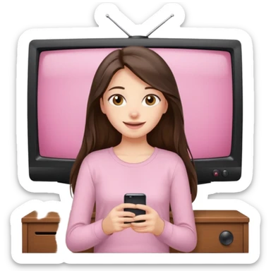 happy long haired brunette girl hazel eyes in light pink watching tv sticker