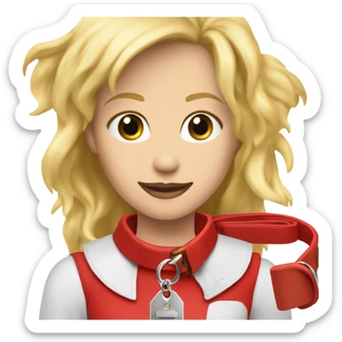 Put a Red leather dog collar and golden tag on a blond white human female with medium length hair and add a red leash connected to the collar sticker