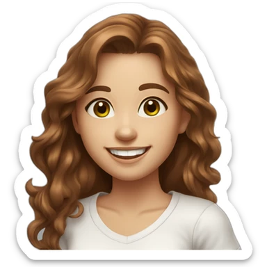 beautiful girl, white, with long wavy brown hair, brown green brown eyes, smiles at the camera and waves her hand, good teeth, white tshirt, blue jeans, sneakers, realistic drawing sticker