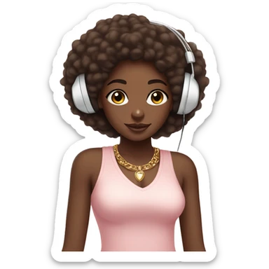 African girl. Afro. Wearing white headphones. Listening to music. Wearing a light pink v neck top. Gold Jewelry. Makeup. Blush. sticker