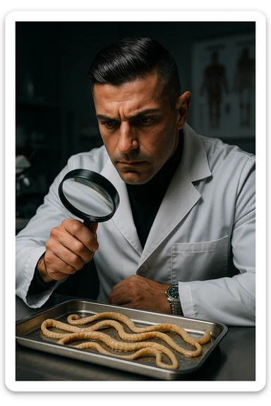 A middle-aged male kinesiologist wearing a pristine white lab coat, intensely analyzing long, beige tapeworms (like Taenia) under a magnifying glass. His expression is focused and slightly concerned, with dramatic studio lighting casting sharp shadows. The parasites are highly detailed, moist, and textured, stretched across a sterile metal tray. The background is blurred but suggests a clinical environment—hints of a microscope, medical charts, and clean lab equipment. The style is hyper-realistic, with a cinematic contrast between the bright white coat and the grotesque, organic forms of the parasites. No sci-fi elements, just raw medical realism with a disturbing edge sticker