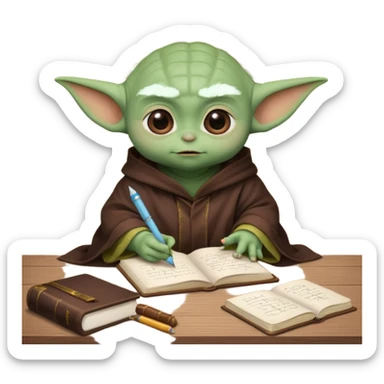 Baby Yoda con su tunica chocolate escribiendo en un cuaderno sobre un escritorio sticker