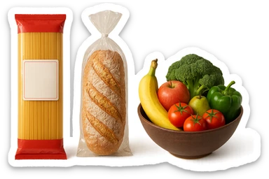 pacco di pasta realistico, pacco di pane, bowl di frutta e verdura, 4k sticker