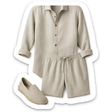 stylish European linen summer outfit, only the clothing, white background sticker