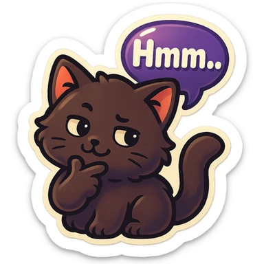 a dark-brown fluffy cute kawaii anime cat thinking smirking thoughtfully, saying “Hmm..” with a purple speech bubble sticker