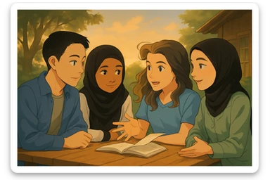 Continuation of the scene: The fourth girl (black hijab, green shirt) is speaking, the wind intensifies, hair and book pages show more movement. Faces remain identical to the original image. sticker