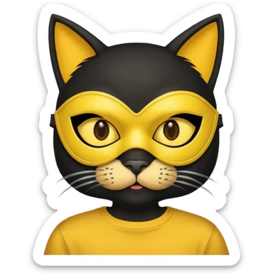 a black cat with yellow mask and shirt, half upon
 sticker