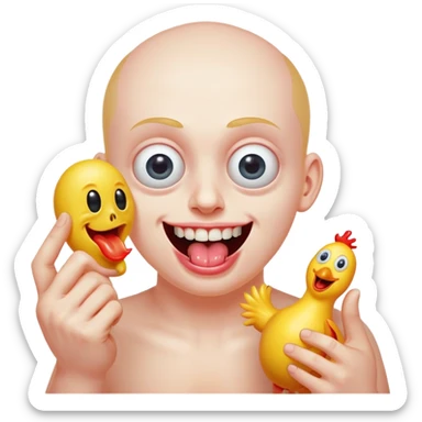 bulging eyes, unhinged grin with too many teeth, one eyeball twitching, tongue sticking out sideways, sweating, glitching slightly, throwing up a peace sign with one hand, other hand holding a cursed-looking rubber chicken sticker