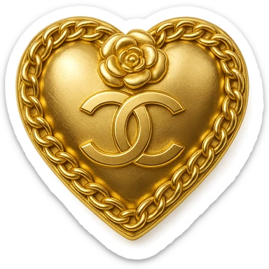 Chanel heart in metallic gold style with a camellia flower and a chain, classic Chanel sticker