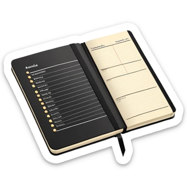 A detailed black Moleskine notebook open flat showing an agenda page with bullet points and a meeting schedule sticker