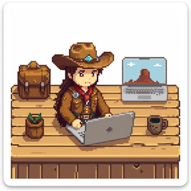 Frontier explorer with cowboy hat using a laptop on a wooden desk sticker