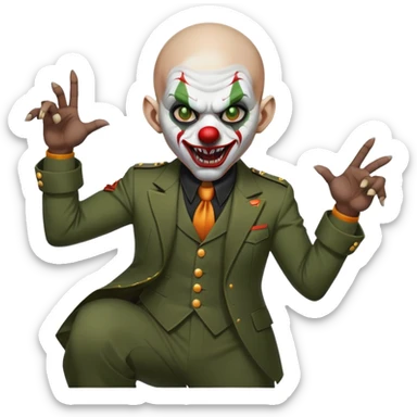 evil clown, bald, short horns from forehead, fangs, pointed ears, black and military green leisure suit, battle-ready fighting posture sticker