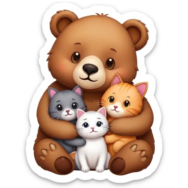 a bear and a kitty showing affection, surrounded by their two cats, cute emoji style sticker