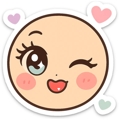 kawaii manga emoji with large sparkling eyes, long eyelashes, seductive wink, red cheeks, glossy lips, pastel accents, soft shading, HD, 512x512 pixels, transparent background, cute and sexy expression sticker