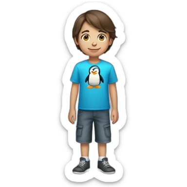 10 year old brown haired boy with penguin t-shirt sticker