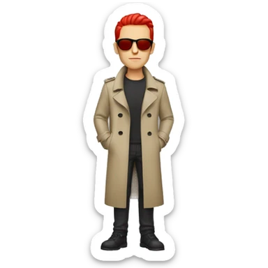 A white dude with red slicked back hair, sunglasses, a red soul patch and a trench coat sticker