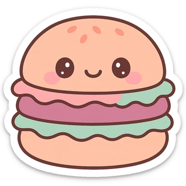 cartoon hamburger squishmallow, pastel colors, chubby and cuddly, soft plush texture, cute face sticker