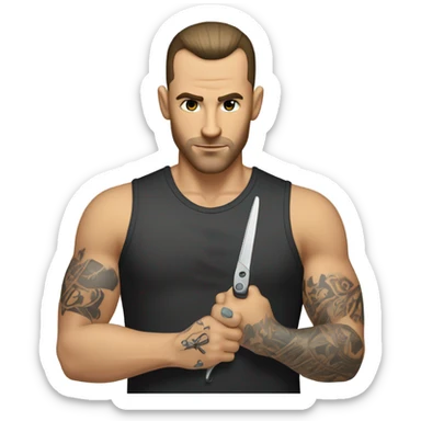 Caucasian barber with scissor, face, tattoo, and razor, sharp hairline with a ball fade sticker