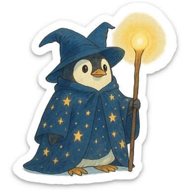 ghibli style penguin wizard with a starry cloak and glowing staff sticker