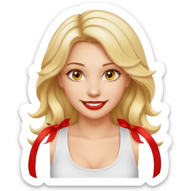 a woman with white tank top and smile, her hair is long wavy blonde hair, her face is baddie girl style, her eyes color are yellow and the color of her lip is soft red sticker