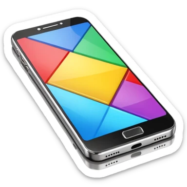 modern smartphone in 3D chrome metallic style, highly reflective and shiny, colorful screen, realistic details sticker