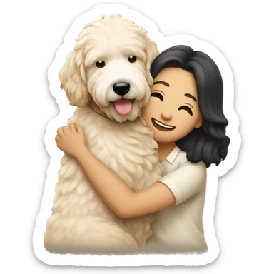 asian couple hugging with a cream goldendoodle sticker