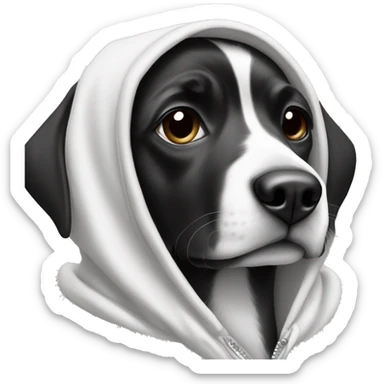 Black and white dog wearing a hoodie sticker