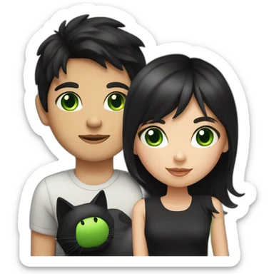 girl and boy with black hair and black and white cat with green eyes sticker