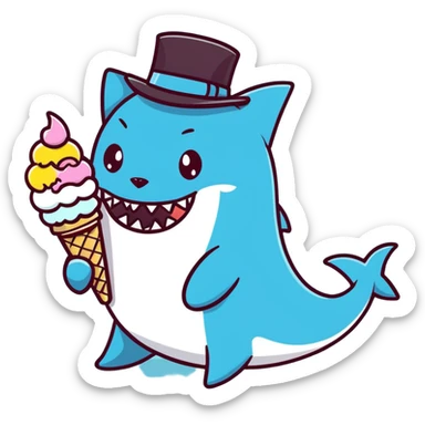 Shark with a top hat with a cat eating ice cream  sticker