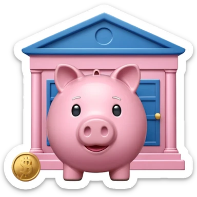 A clean emoji-style icon: A piggy bank with a coin, placed in front of a small bank building. The bank symbolizes company pension and financial security. Rounded forms, flat colors, minimal details like a standard emoji. sticker