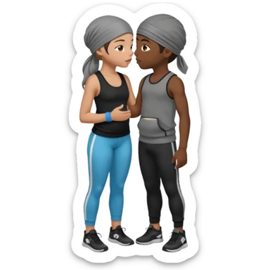A girl with dark brown hair, light skin and blue wear black leggings and a black tank top kissing a boy with dark skin and a grey tracksuit wearing a du rag  sticker