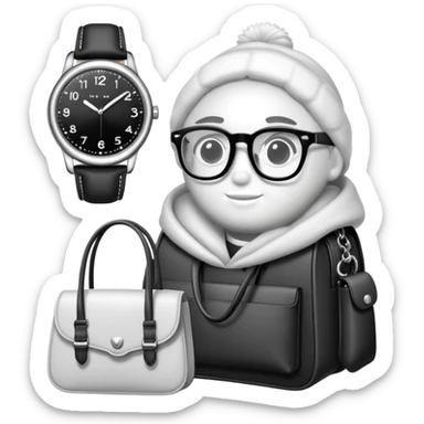 bags and watches, and glasses, all black and white put together like a bundle sticker