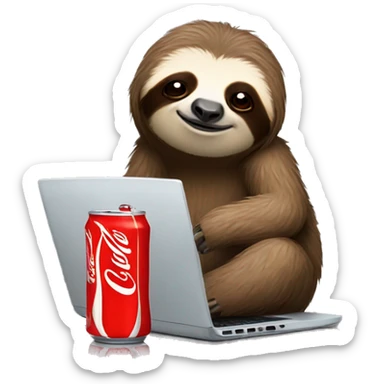 tired sloth with coca cola can and laptop sticker