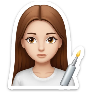 Chica de pelo liso ,largo clean look  y marrón con ojos color marrón  y una camiseta blanca y la piel blanca con pestañas y maquillada clean look  sticker