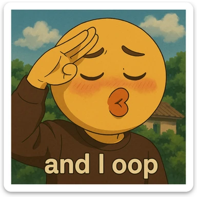 and I oop, slay energy, emoji with fingers to forehead like salute, "and i oop" meme, puckering lips, looking down, lowkey embarassed but still cool sticker