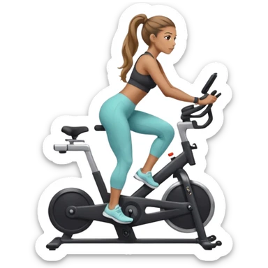 woman with long hair tied up in ankle-length leggings on a stationary bike sticker
