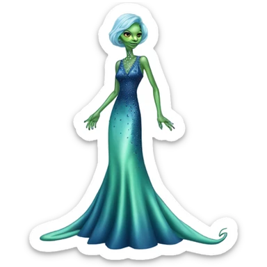 reptilian green alien woman, in long slim pastel blue formal party satin dress with gradient shiny sparkling navy blue diamonds embroidered, full body full figure sticker