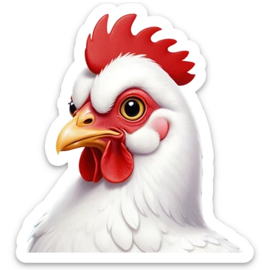 Cinematic Cute White Chicken Portrait Emoji, Head tilted playfully and inquisitively, featuring smooth, immaculate white feathers and a delicate red comb, round, sparkling beady eyes filled with curiosity, Simplified yet irresistibly adorable features, highly detailed, glowing with a warm, friendly glow, high shine, affectionate and lively, stylized with a touch of farmyard whimsy, bright and endearing, soft glowing outline, capturing the essence of a mischievous yet loving chicken, so playful it feels like it could peck out of the screen and into your arms! sticker