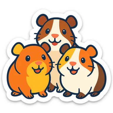 three happy and cute guinea pigs in a group, colorful and friendly illustration style, white background sticker