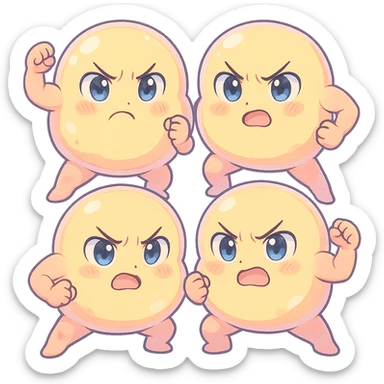 stubborn fat cells, anime style, big eyes, combative expressions, pastel colors sticker