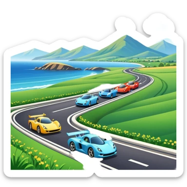 A busy coastal highway with cute fast-moving racing cars with active aero canards surrounded by green fields and distant mountains under a bright blue sky sticker